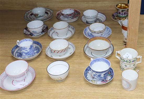 A collection of miscellaneous English and Chinese porcelain tea bowls, saucers, coffee cans and cabinet cups (some faults),